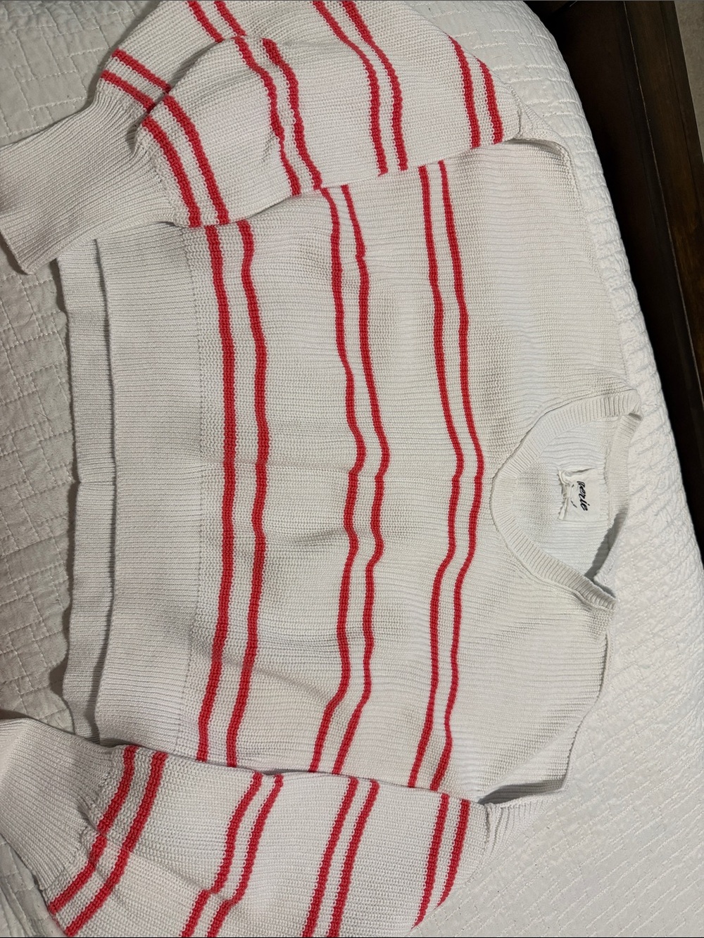 aerie White Crewneck Sweater with Red Stripes